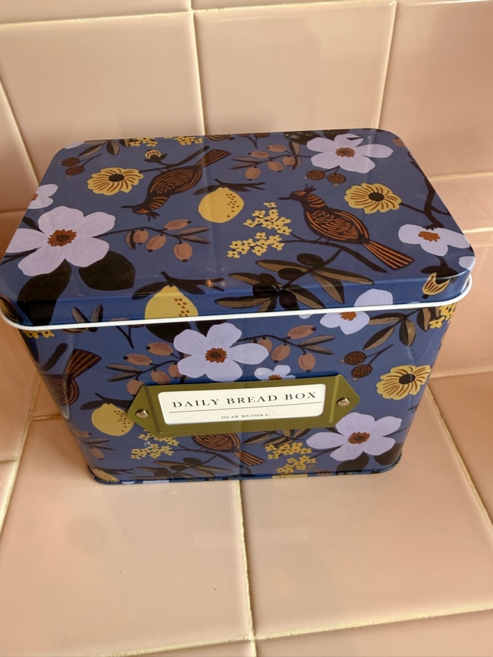 Floral Daily Bread Box Tin - Blue with Yellow & Lavender Flowers
